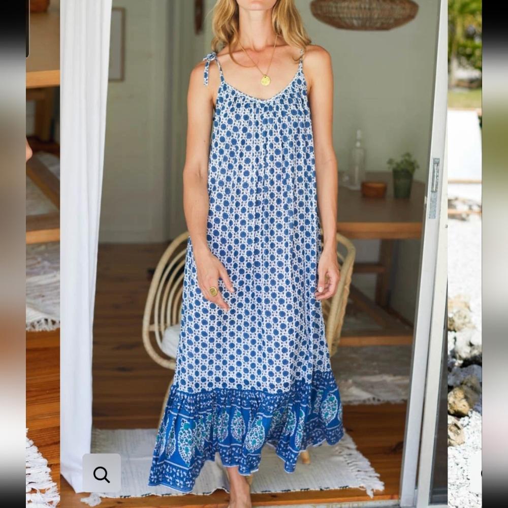 Emerson Fry India Collection Heritage Blue Flowers Organic Dress Size XS/S